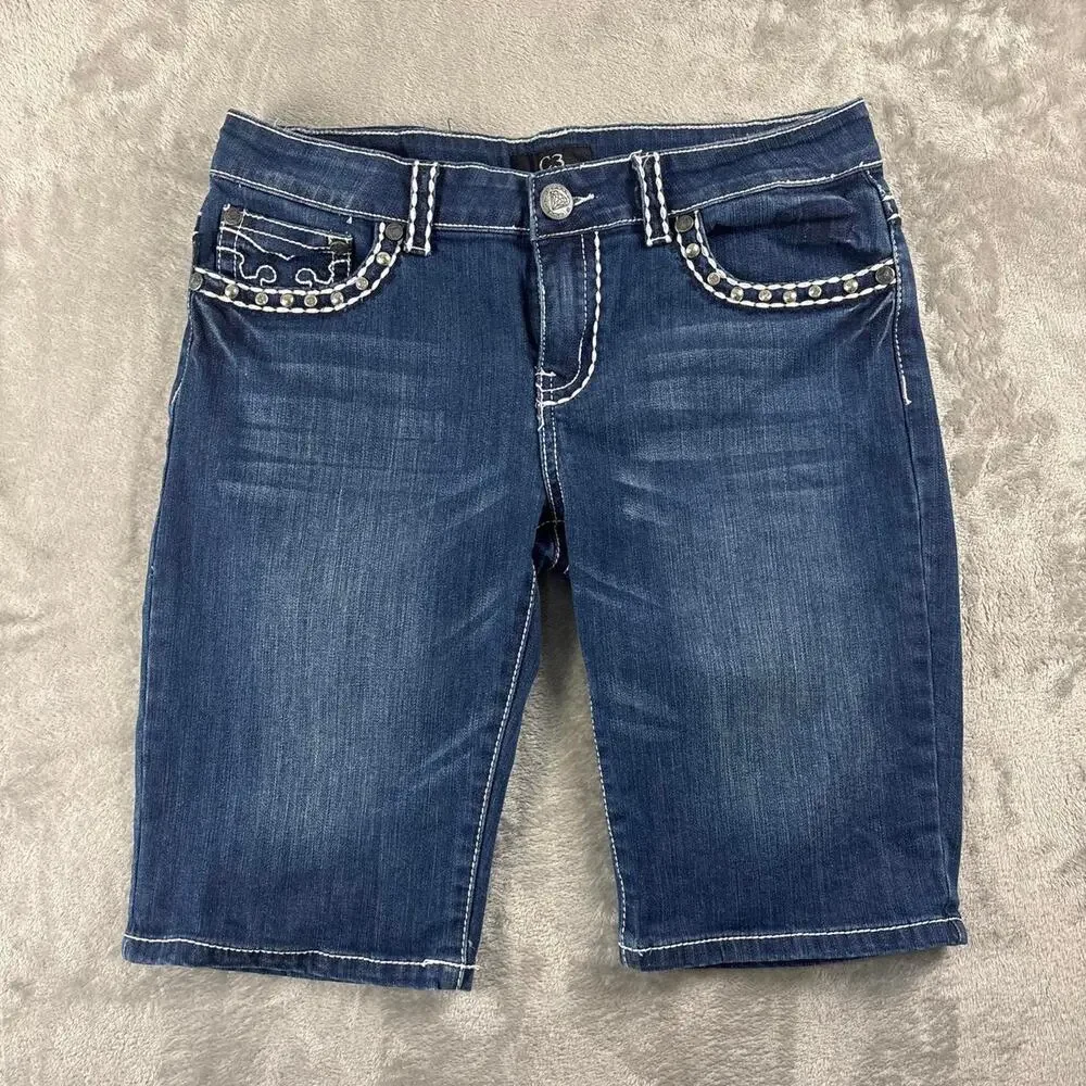 C3 Jeans Y2K Studded Bermuda Denim Shorts Women’s Size 11 Rhinestone McBling